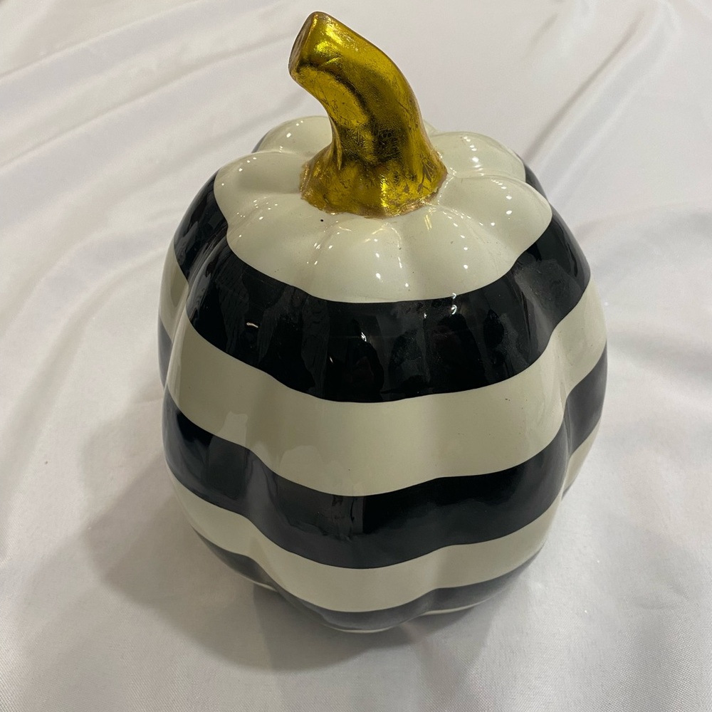 Striped Black & White Ceramic Pumpkin with Gold Stem